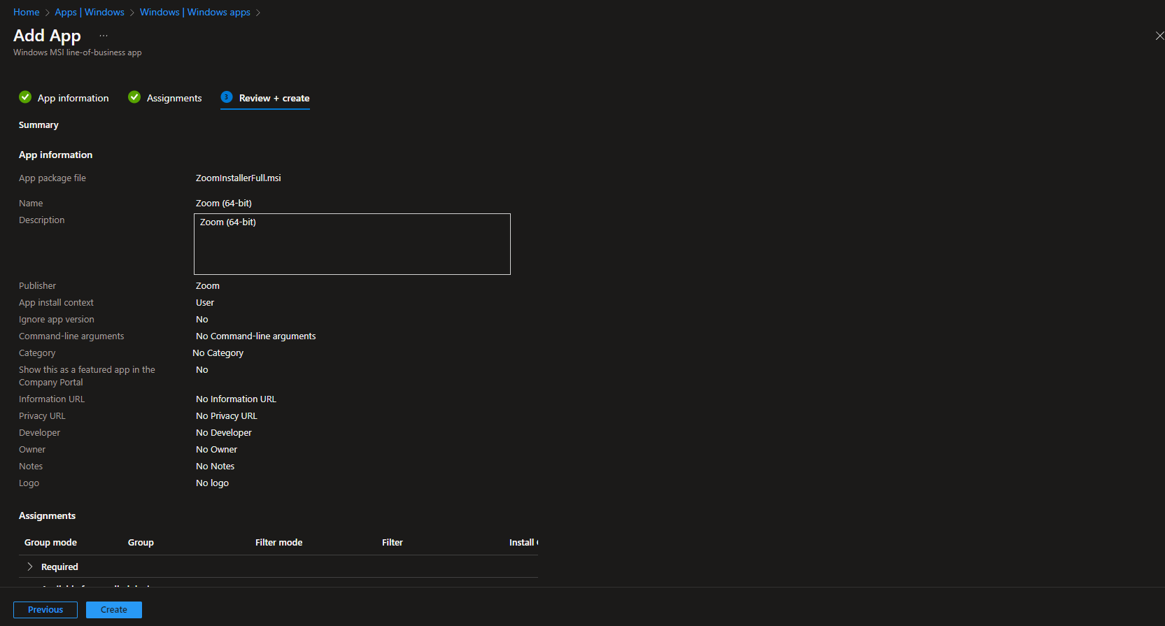 Configuring app information and publisher in Intune